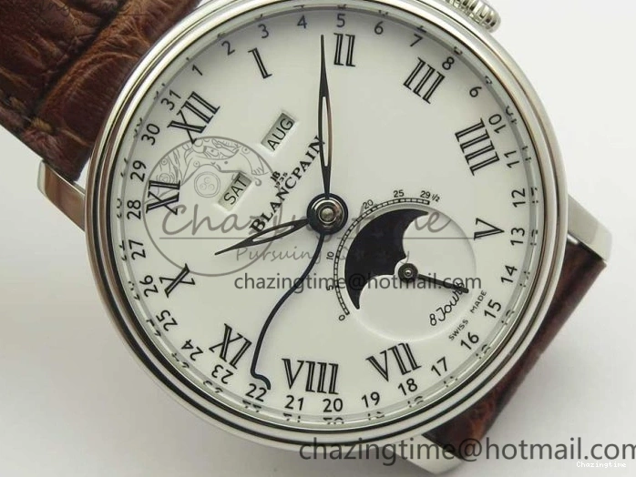 0712 Upgraded Villeret Quantième Complet 8 Jours SS Complicated Function OMF 1:1 Best Edition White Dial on Brown Leather Strap A 7983